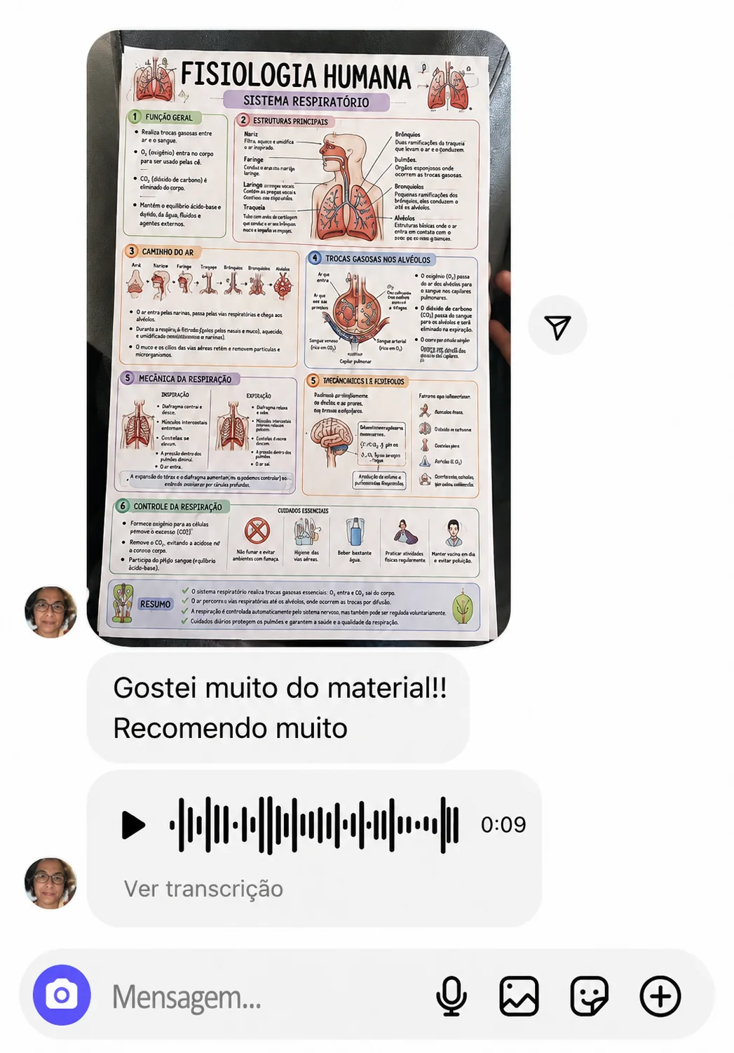 Depoimento real: cliente mostra o card de Fisiologia Humana e escreve Gostei muito do material!! Recomendo muito